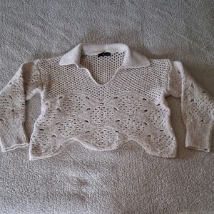 Mango Beige V-Neck Crochet Sweater